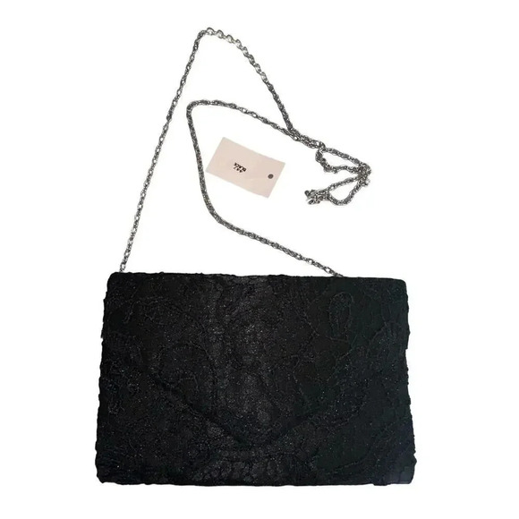 Black‎ Lace slim evening handbag/clutch with removable silver chain link straps - Picture 4 of 8